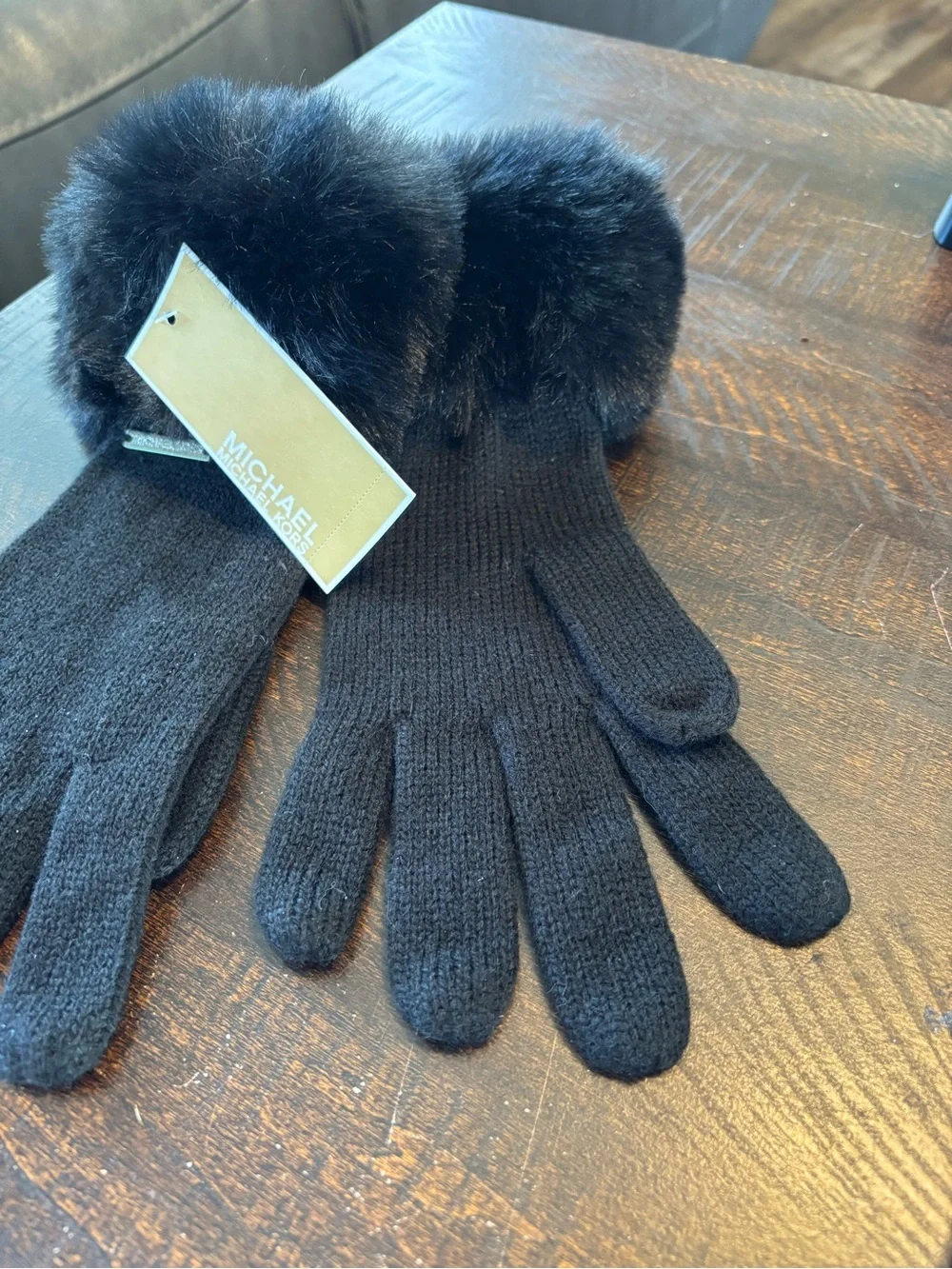 Women’s Michael Kors Black Knit Gloves with Faux Fur Trim